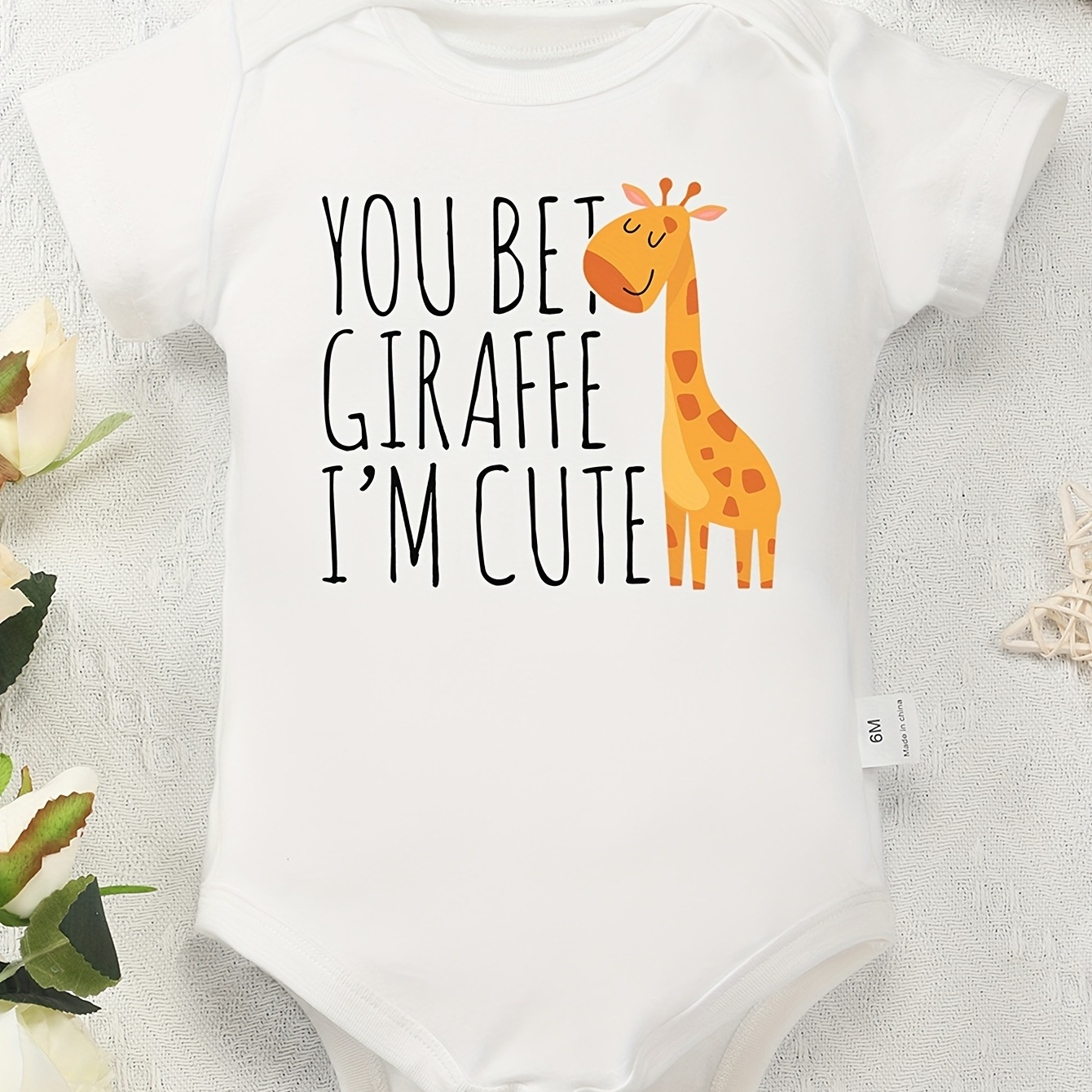 

Baby Girls Boys Bodysuit, 100% Pure Cotton, "you Bet Giraffe I'm Cute" Print, Soft Casual Round Neck Romper For Babies