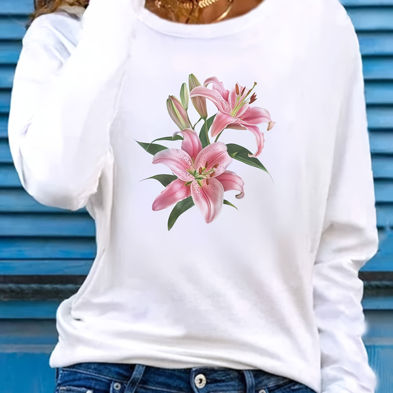 

Women's Floral Applique T-shirt, Long Sleeve Crew Neck, Casual Knit Polyester Top, Spring & Fall Fashion, 100% Polyester, 180g/m² - All Season Wear