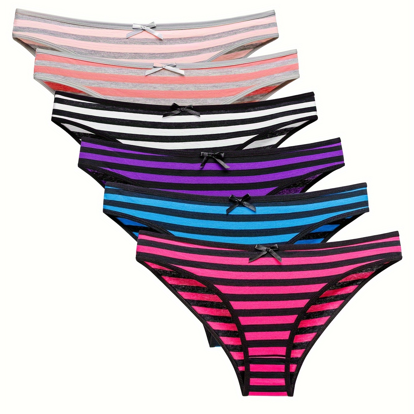 

6 Pack Plus Size Elegant Panties Set, Women's Plus Strip Print Knot Front Medium Stretch Underwear 6 Piece Set