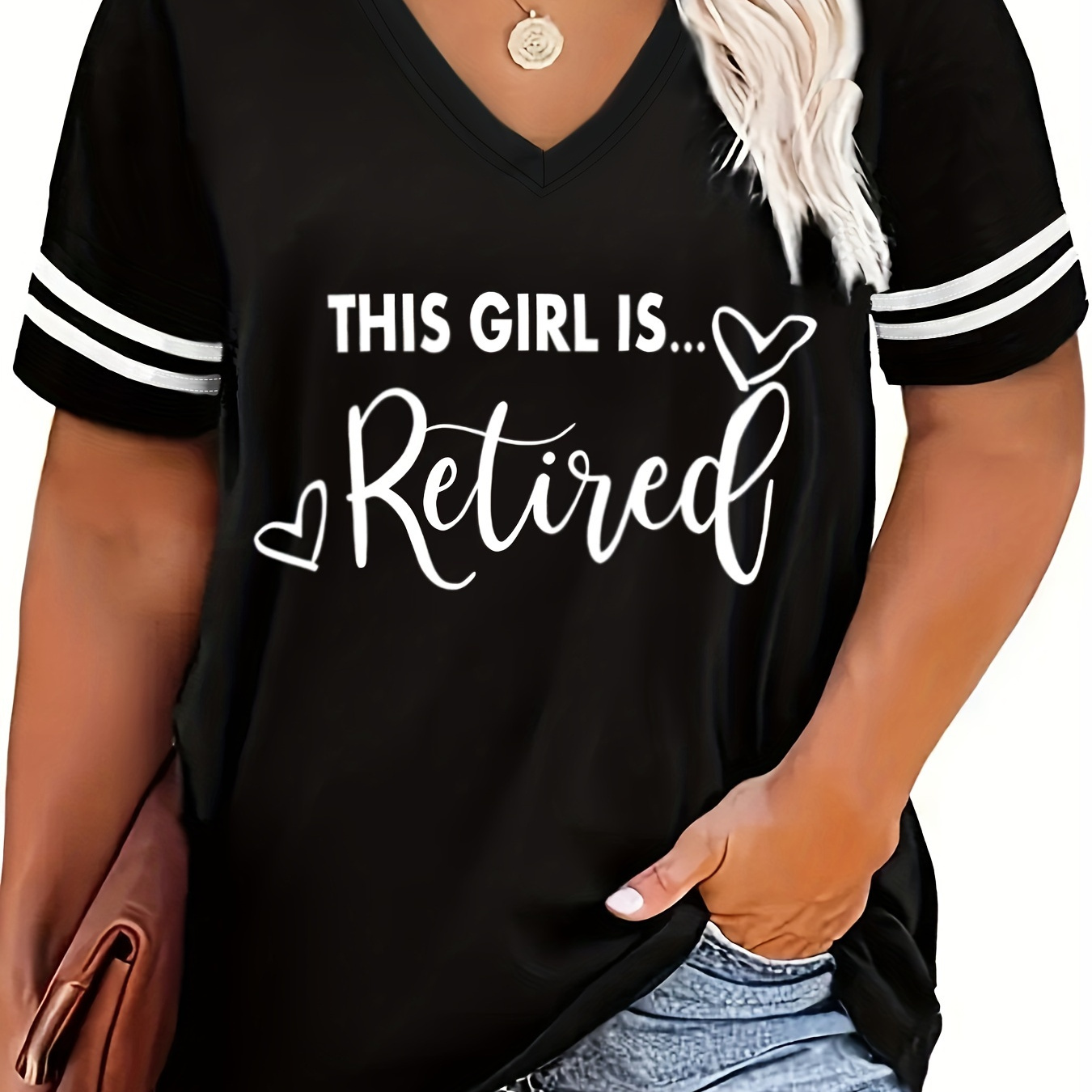 

Women's Plus Size V-neck T-shirt, Sporty Style, Short Sleeve Casual Tee With "this Girl Is Retired" Print, Striped Sleeves Detail