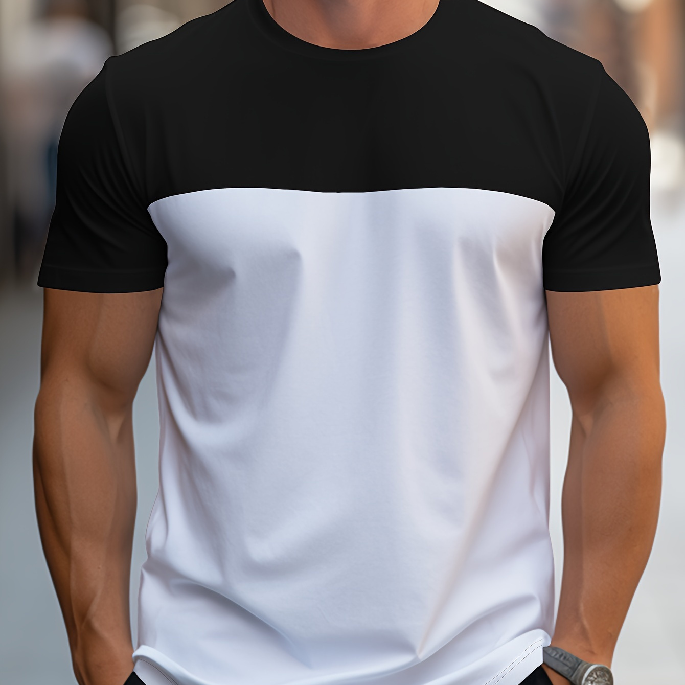 

Trendy Color Block T-shirt, Men's Casual Street Style Stretch Round Neck Tee Shirt For Summer