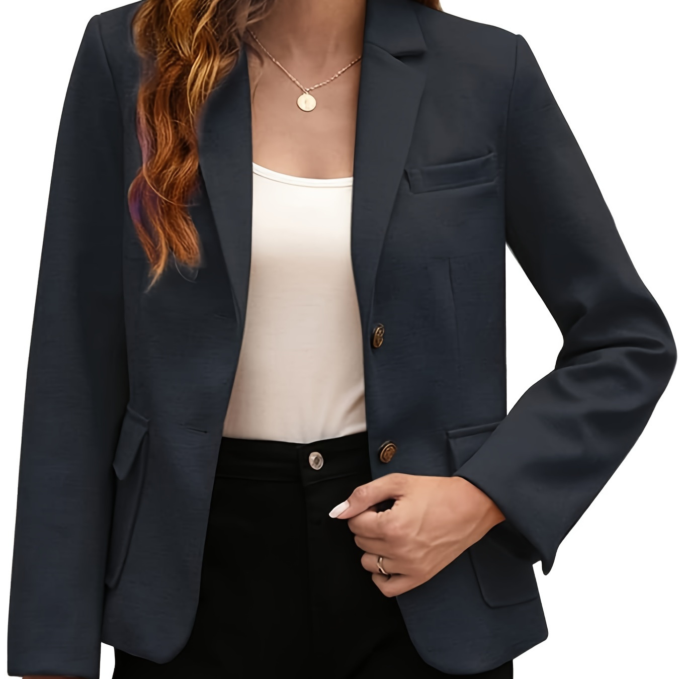 

Solid Color Open Front Blazer, Elegant Lapel Neck Flap Pockets Single Breasted Long Sleeve Blazer For Spring & Fall, Women's Clothing