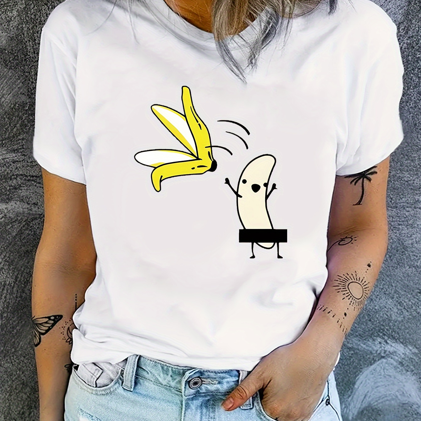 

Cartoon Banana Print T-shirt, Short Sleeve Crew Neck Casual Top For Summer & Spring, Women's Clothing