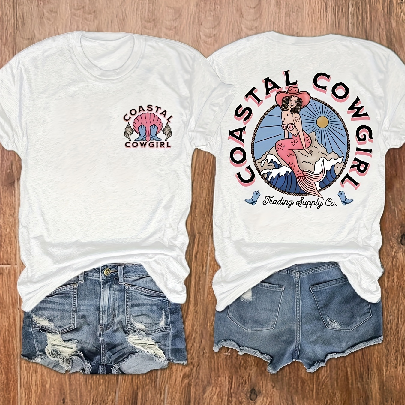 

Cowgirl Print Crew Neck T-shirt, Short Sleeve Casual Top For Summer & Spring, Women's Clothing