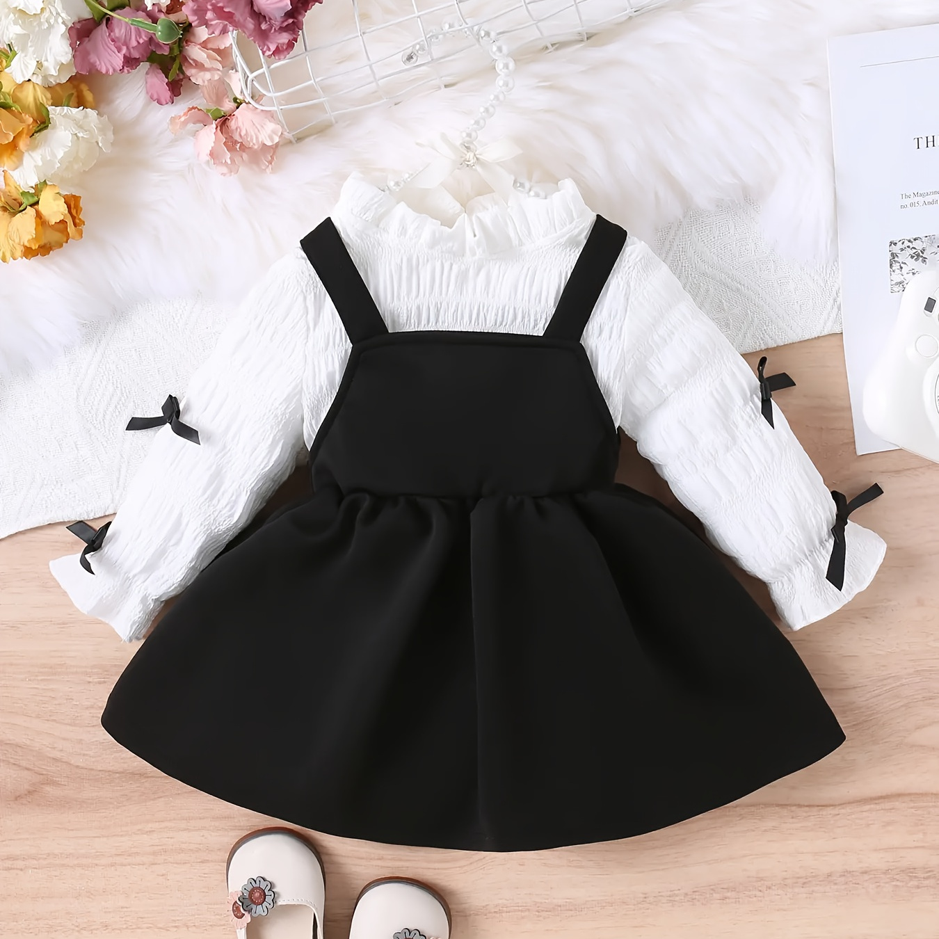 

Infant Girl Clothes Set, Solid Color Puff Long Sleeve Bow Decor Casual Top + Black Suspender Skirt Set 2pcs Set