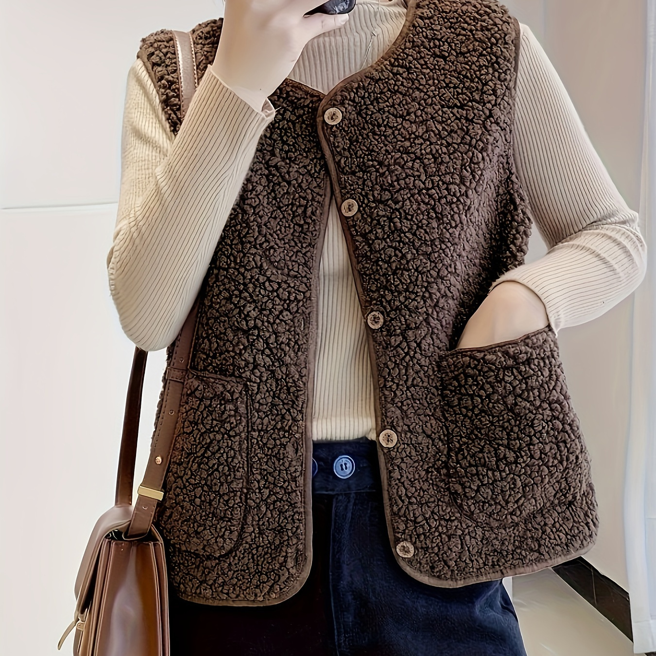 

Gilet en Fausse Fourrure Marron pour Femme avec Boutons Floraux, Double Poches - Mélange de Polyester Décontracté, Lavable en Machine - pour & l'Hiver