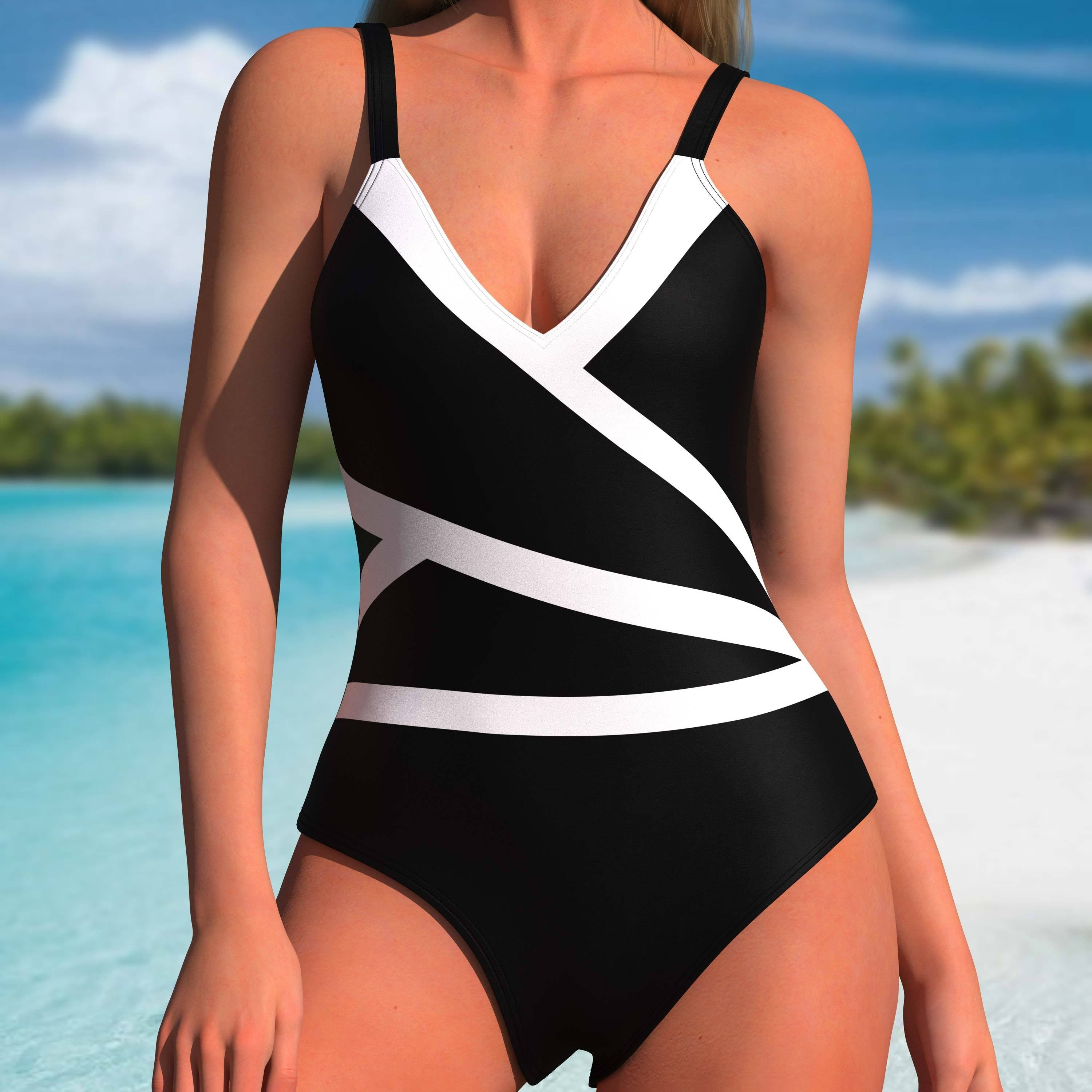 Colorblock Swimsuit Asymmetrical Neck Contrast - Temu Canada