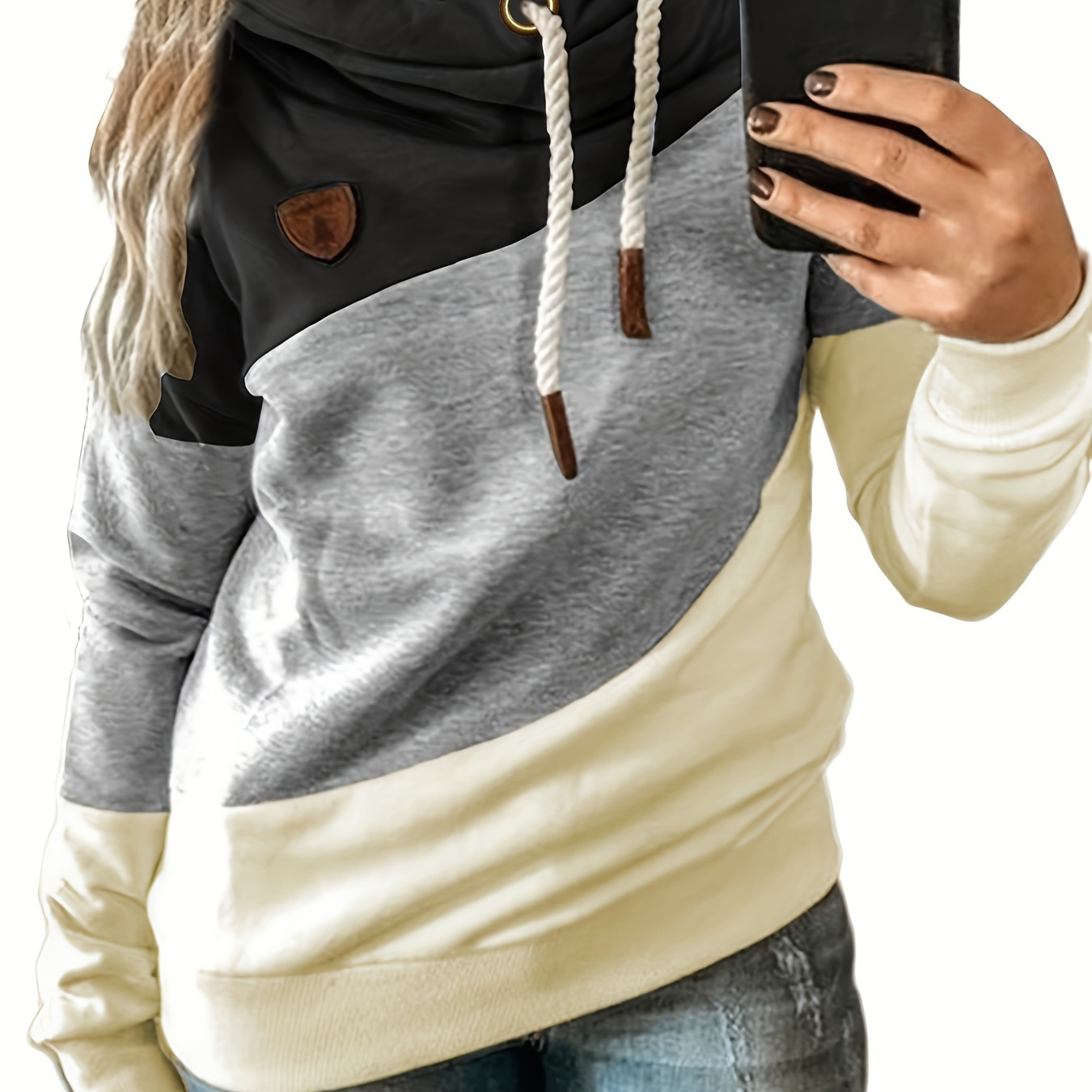 

Plus Size Casual Sweatshirt, Women's Plus Colorblock Long Sleeve Hooded Drawstring Slight Stretch Sweatshirt
