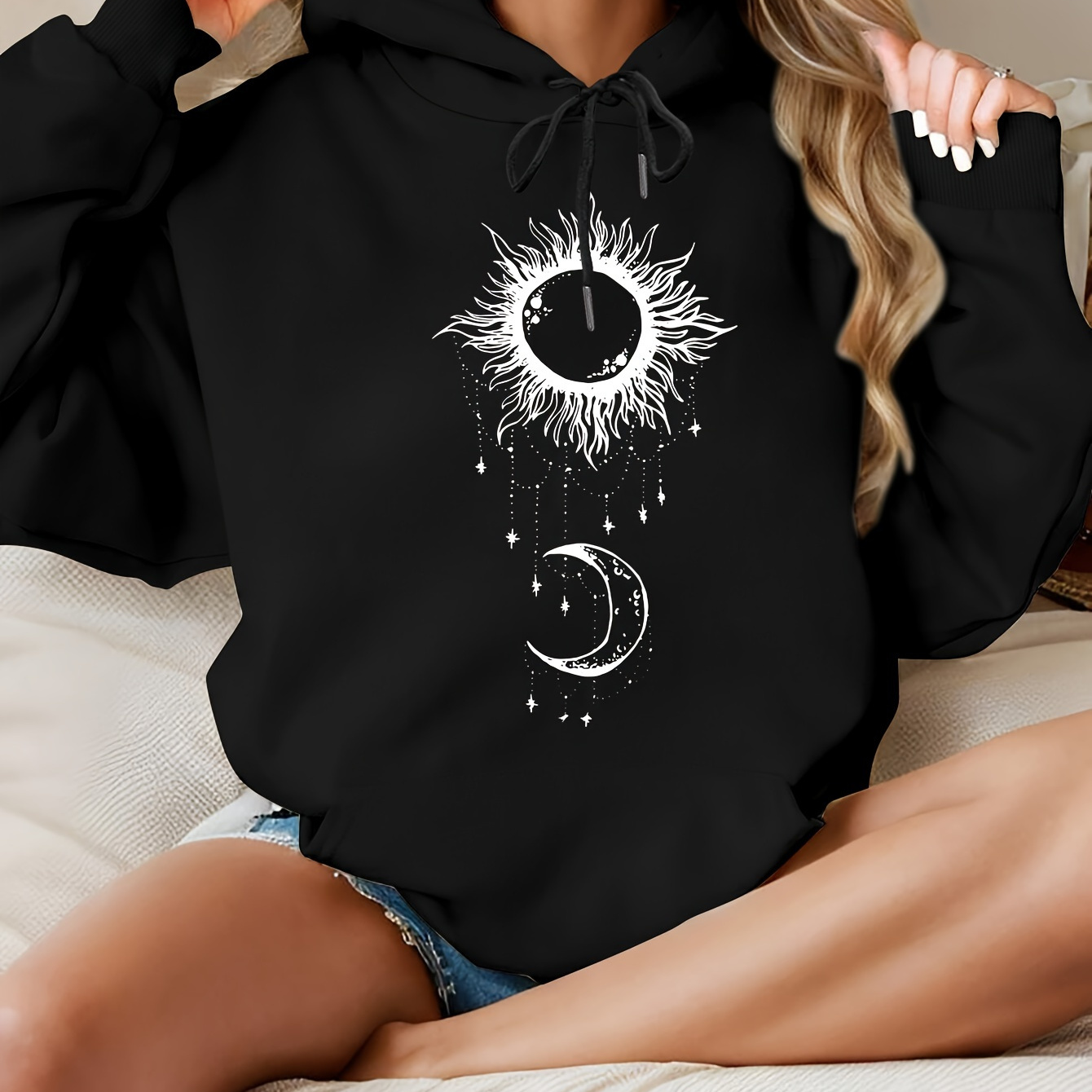 

Women's Casual Hooded Pullover With Celestial Sun And Moon Print, Polyester Knit Fabric With Stretch (92% Polyester, 8% Elastane), Fall/winter Collection