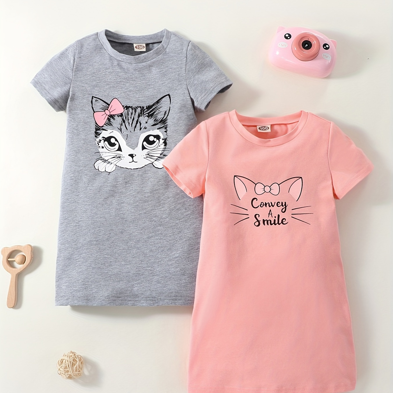 Toddler Girls Cute Cartoon Cat Graphic Crew Neck Cotton - Temu