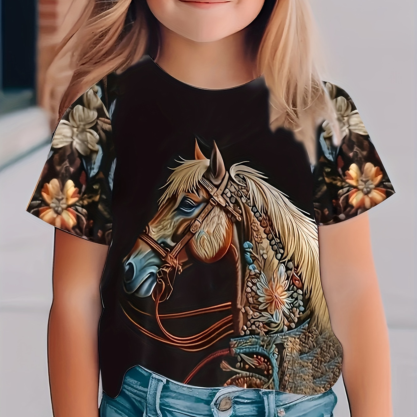 

Knit Horse Floral Print Short Sleeve Crew Neck T-shirt For Girls, Cool, Casual And Comfy Summer Tee Top Daily Wear