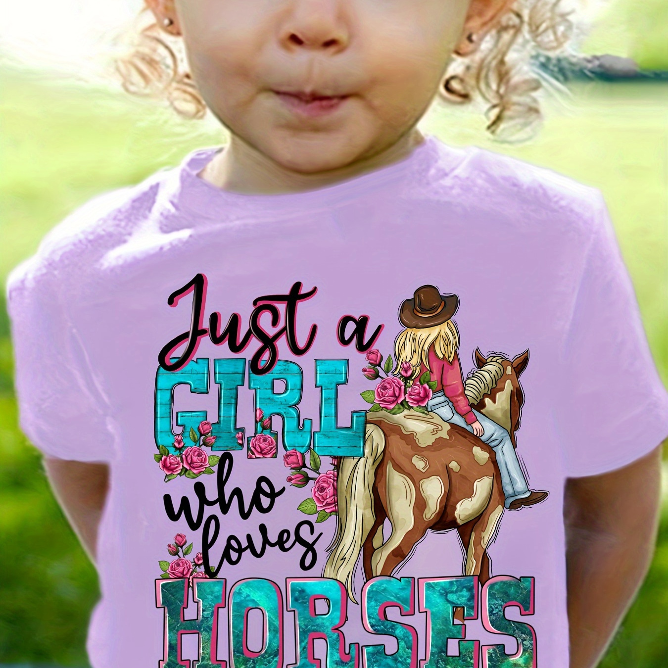 

100% Cotton Just A Girl Who Loves Horses Print T-shirt, Crew Neck Short Sleeve Tees Summer Clothes Girls