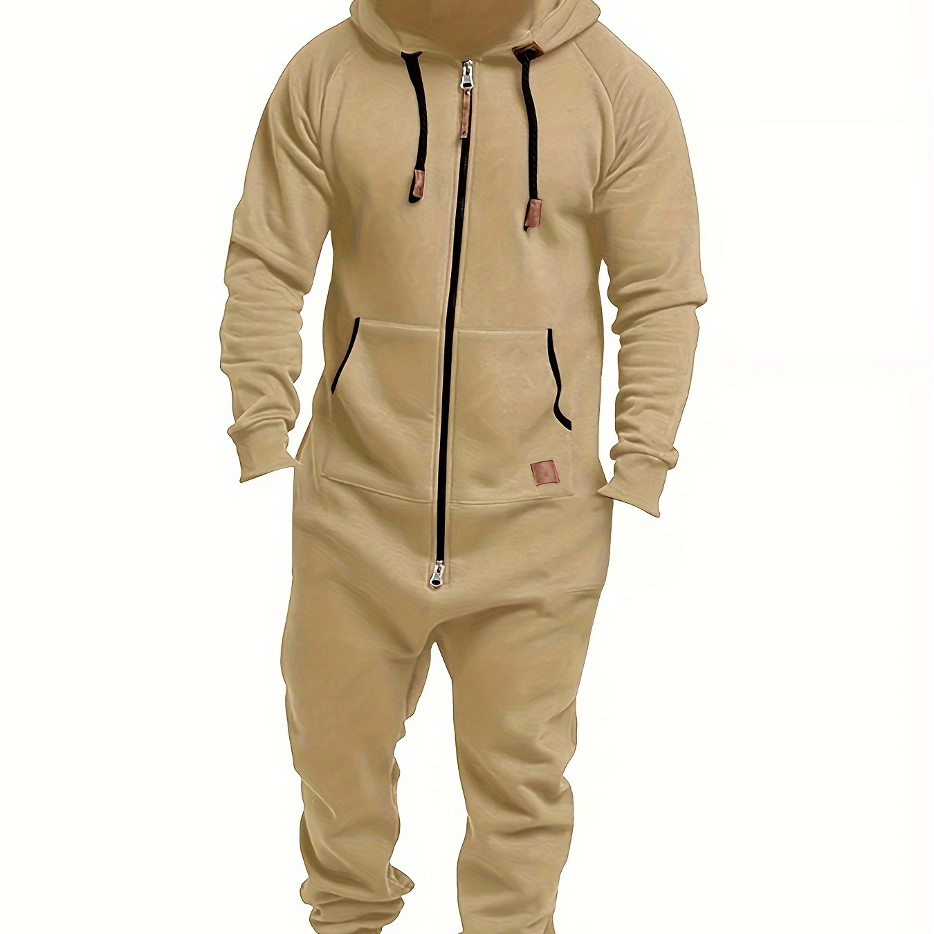 

Men's Fleece Hooded Jumpsuit With Zipper And Drawstring - Casual, Long Sleeve, Polyester , Machine Washable For Autumn & Winter
