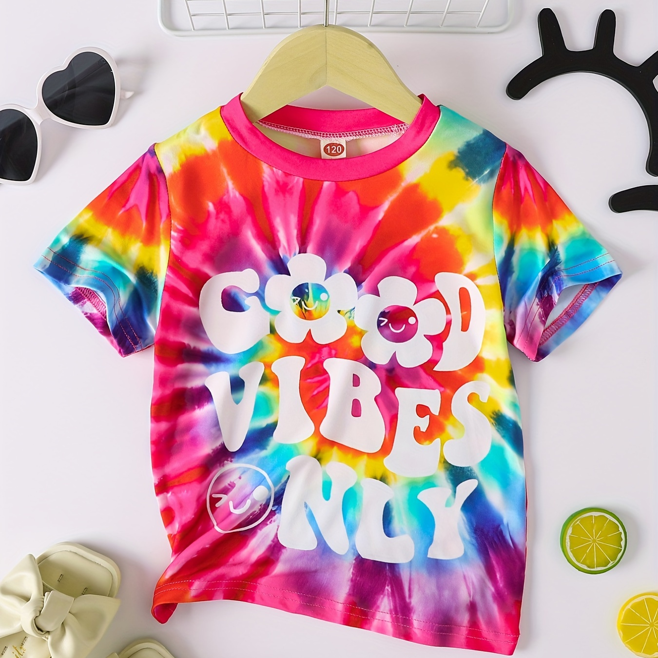 

Girls' Tie Dye Letter Print Crew Neck Casual Summer Short Sleeve T-shirt