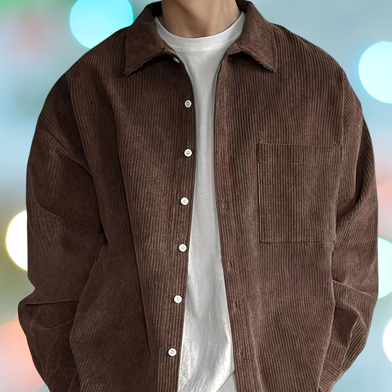 

Men's Casual Corduroy Shirt With Pockets - Long Sleeve, Solid Color, Button-up Collar For Fall/winter