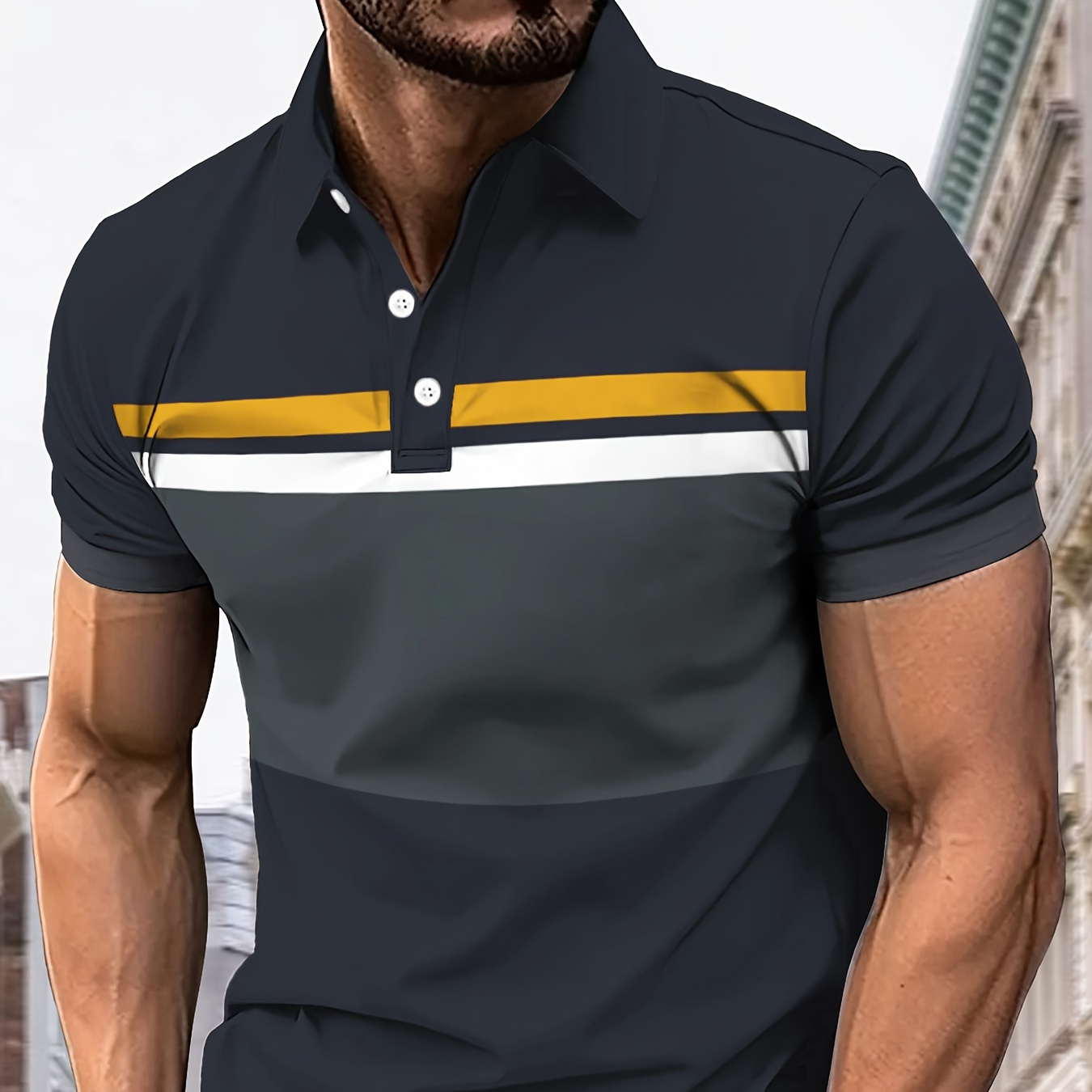 

Lightweight Design, Men's Casual Striped Shirt - Short Sleeve, Lapel Collar, Lightweight Polyester, Machine Washable, Ideal For Outdoor And Beach Activities
