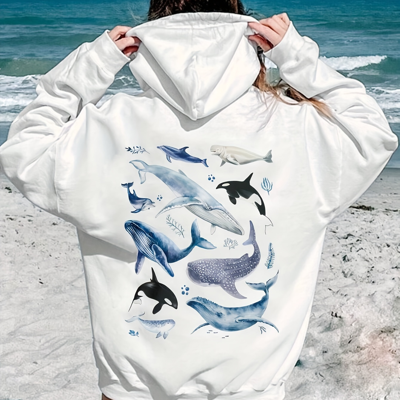 

Ocean Animal Print Pullover Hoodie, Casual Kangaroo Pocket Long Sleeve Drawstring Hooded Sweatshirt For Spring & Fall, Women's Clothing