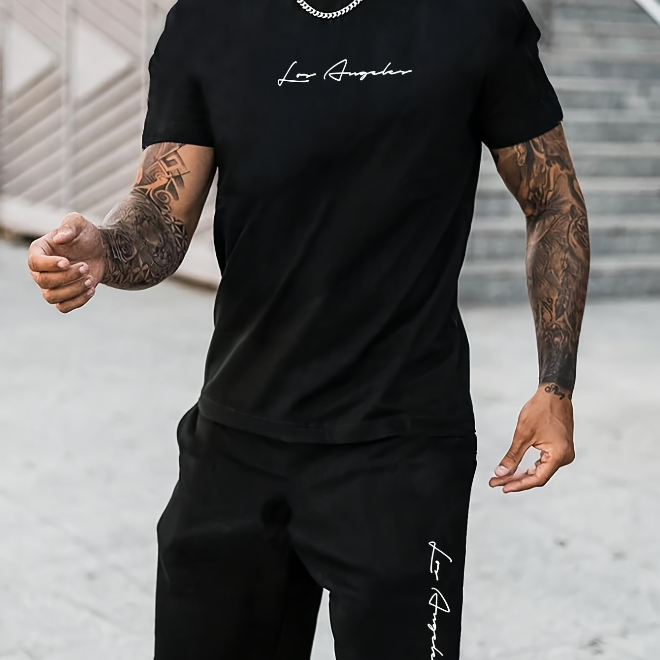 

2pcs Los Angeles Print Men's Trend Clothing Casual Round Neck Short Sleeve T-shirt And Drawstring Shorts Spring And Summer