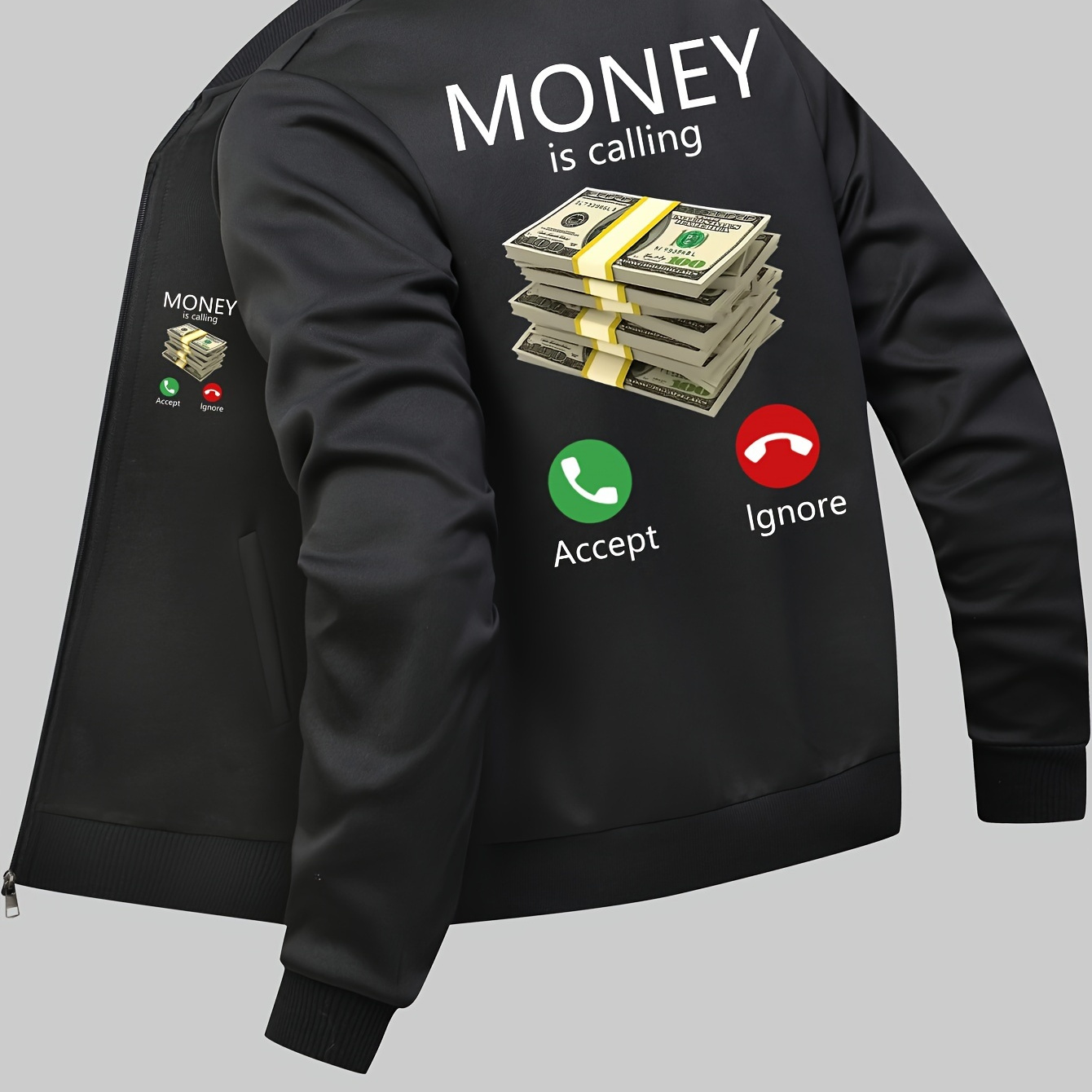 

Men's Money Is Calling Print Bomber Jacket, Casual Zip-up Jacket With Pockets