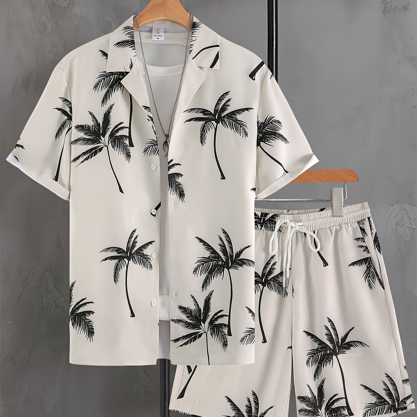 

Men's Tree Loungewear Set - Short Sleeve Button-up Shirt & Drawstring Shorts, Machine Washable