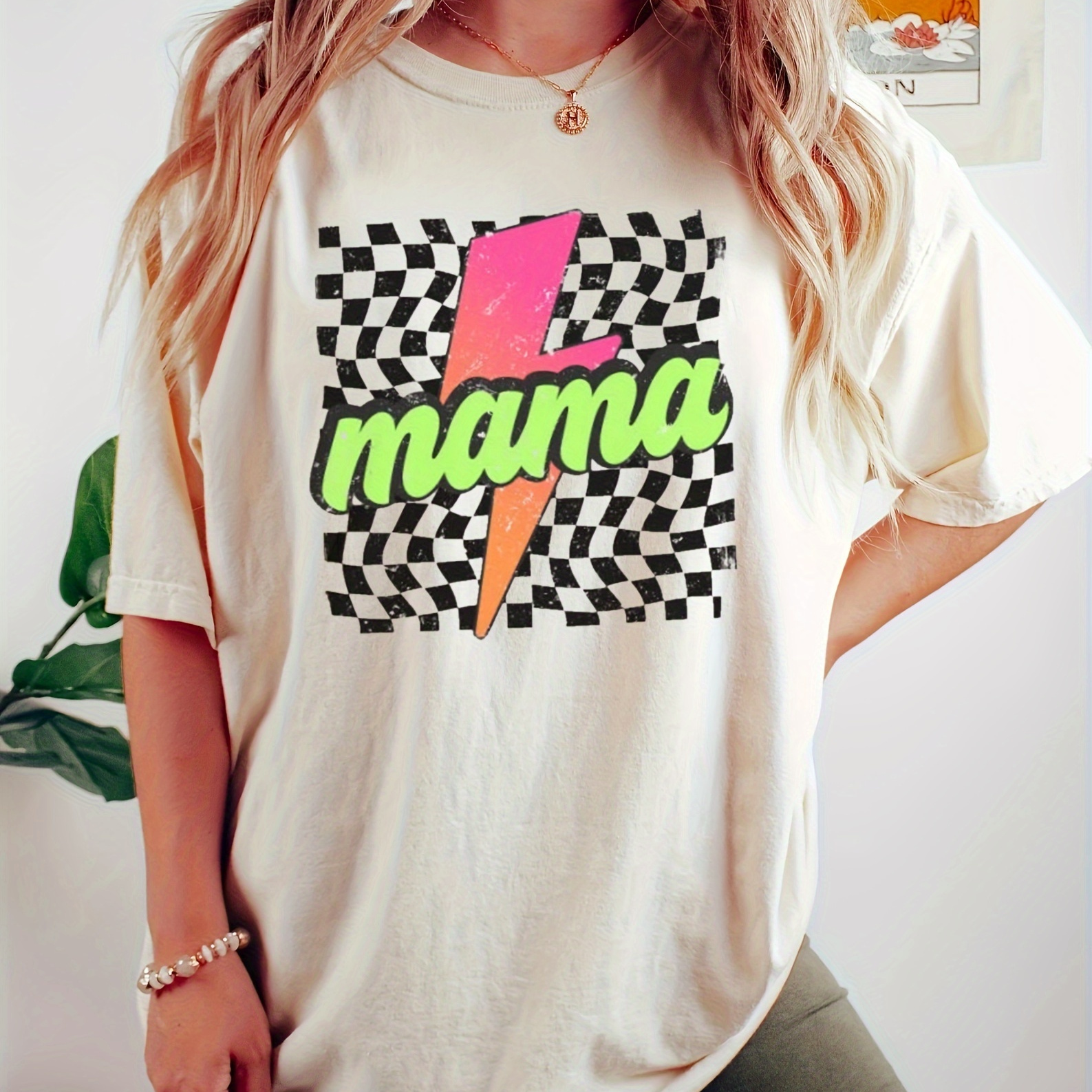 

Mama Print Short Sleeve T-shirt, Casual Crew Neck Top For Spring & Summer, Women's Clothing