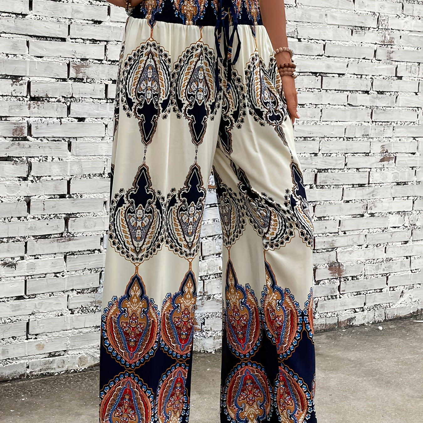

Ethnic Graphic Print Pants, Boho Shirred Waist Wide Leg Pants, Women's Clothing