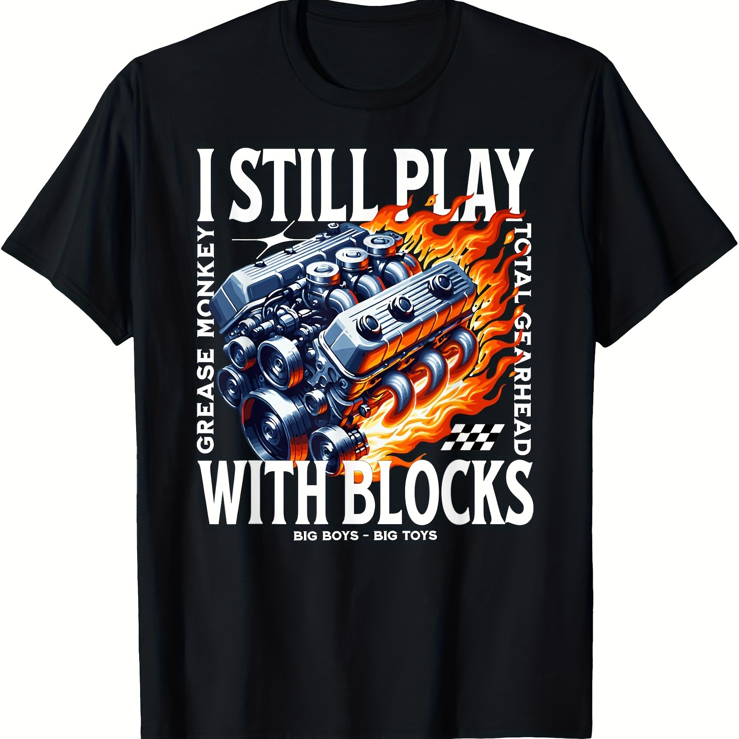 

I Still Play With Blocks Car Mechanic V8 Printed T-shirt Comfortable Breathable, Casual Short Sleeve, Daily Wear, All Season, Black, Men 220g