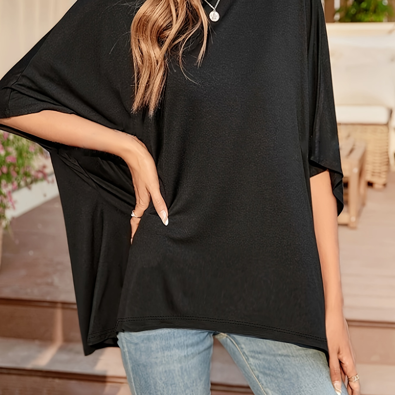 

Solid Batwing Half Sleeve Loose T-shirt, Casual Crew Neck Top For Summer & Spring, Women's Clothing