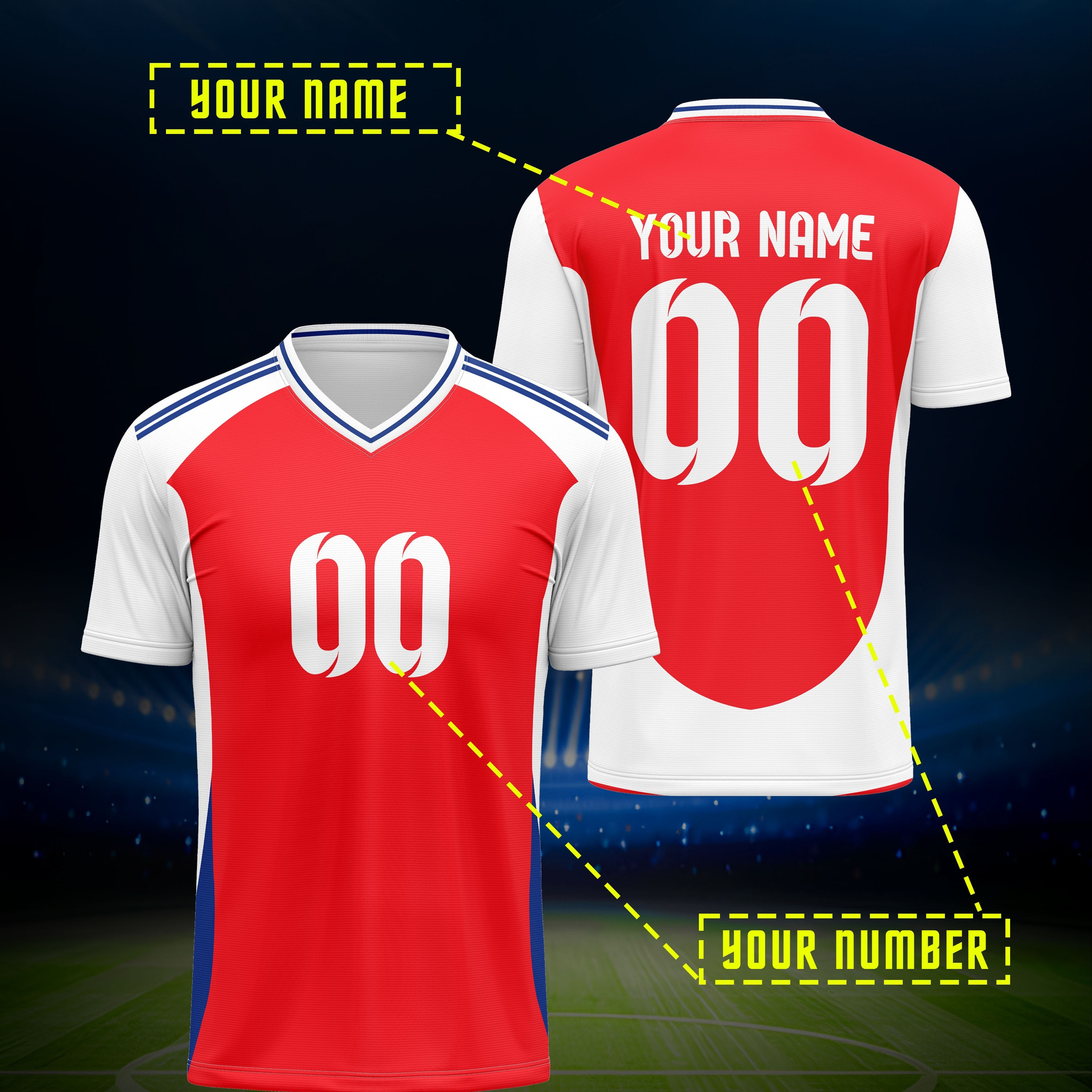 

Customizable Soccer Jersey With Name And Number - V-neck Sports Shirt, Polyester, Breathable, Stretch Fabric, For Spring/summer/fall, Outdoor Casual & Athletic Wear For Adults