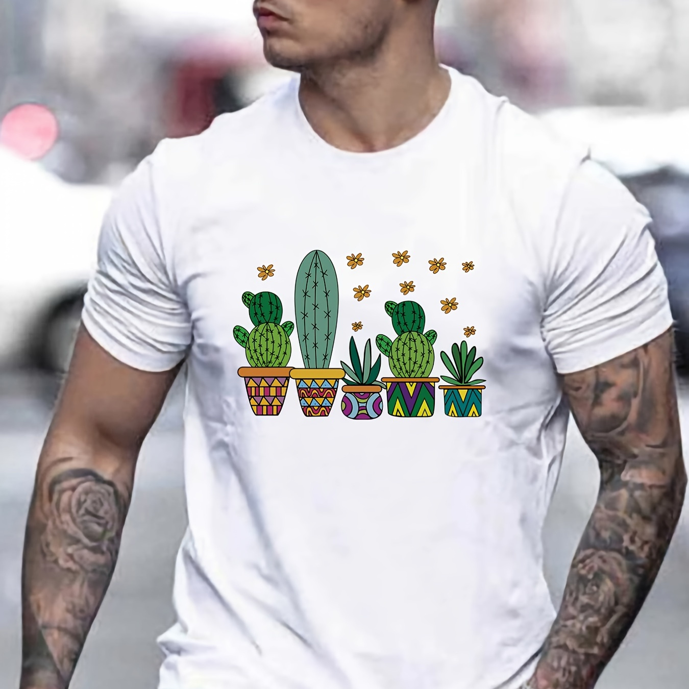 

Cactus Pattern Tee, Men's Casual Crew Neck T-shirt For Spring And Summer