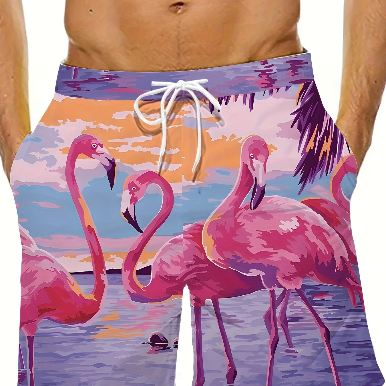 

Men's Fashion Flamingo Print Beach Shorts, 3d Print Hawaii Drawstring Shorts