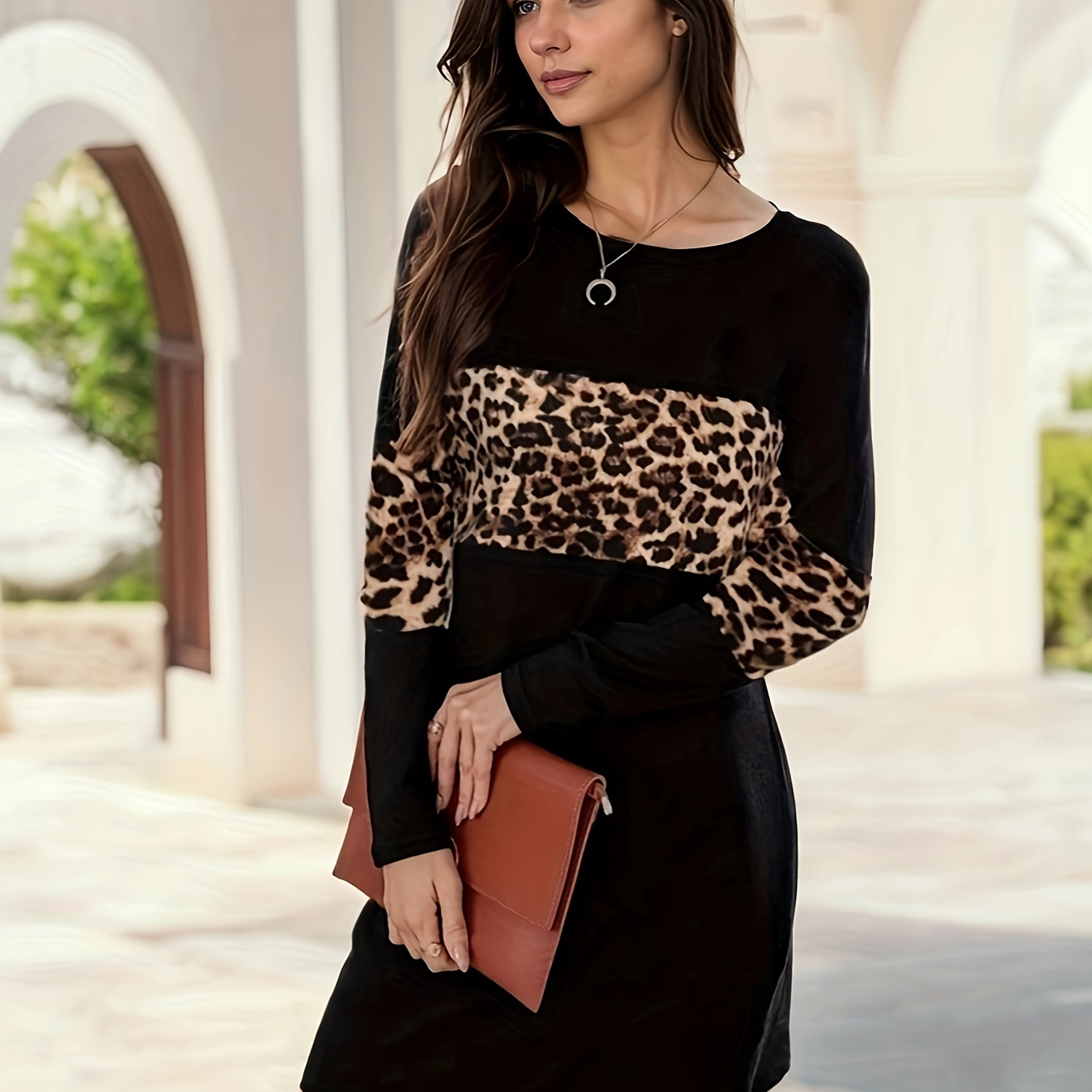 

Elegant Leopard Print Panel Long Sleeve Dress - Crew Neck, Stretch Fabric, Machine Washable - Women'