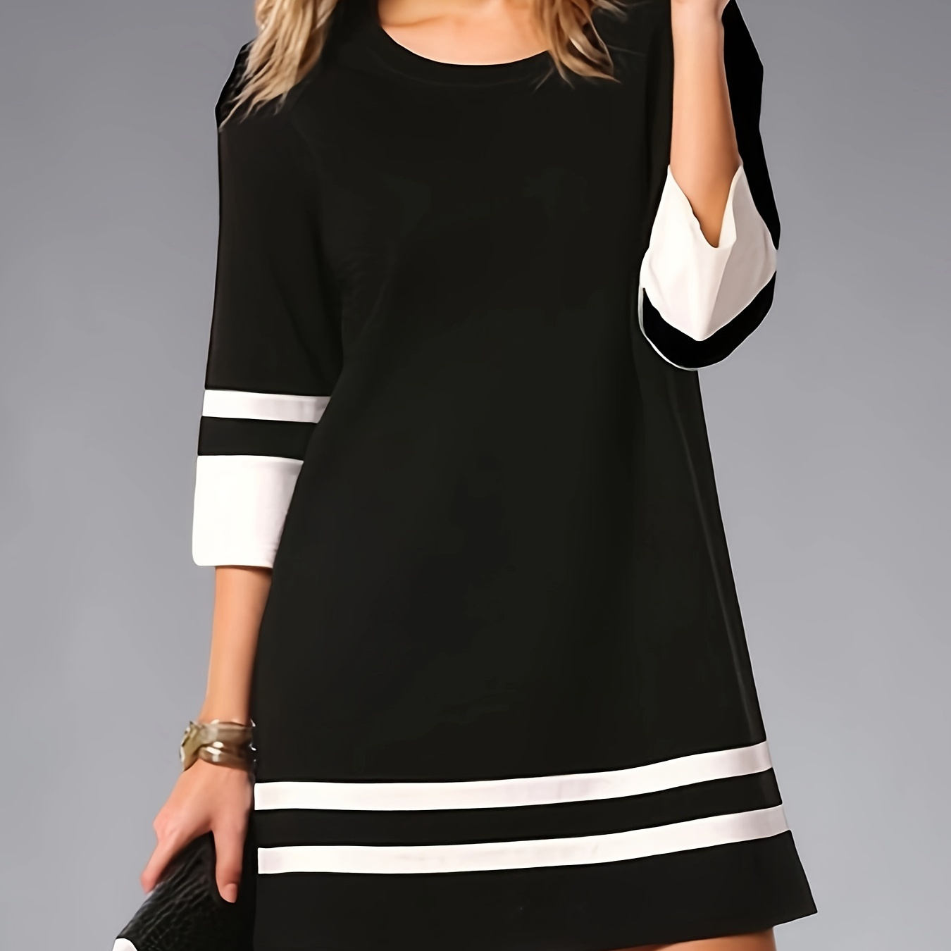 

Elegant Color Block Dress For Women - Polyester Knit Fabric, Round Neck, Straight Fit, All-season Adult Dress With Color Matching Details