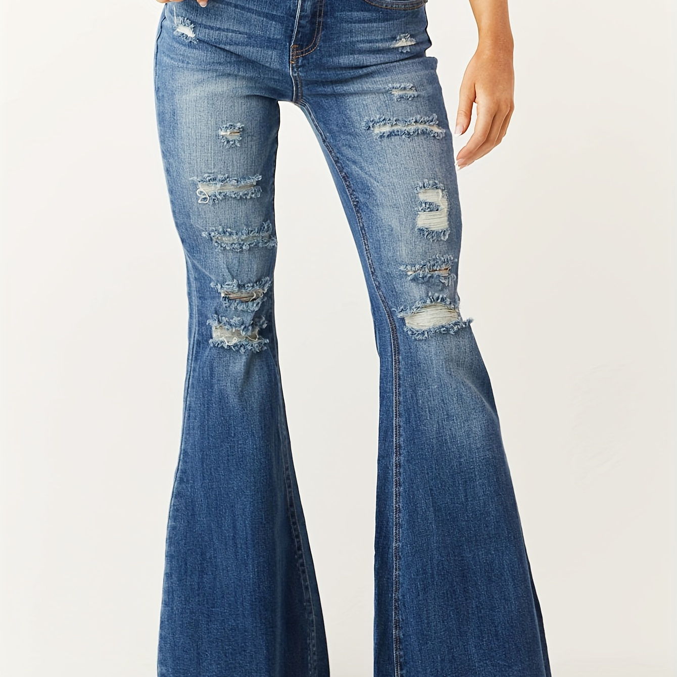 

Women's Fashionable Ripped Flare Jeans, Retro Style Denim Pants With Distressed Detail And Frayed Hem Autumn