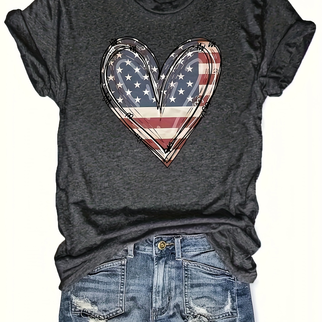 

American Flag Heart Design Print T-shirt, Casual Crew Neck Short Sleeve T-shirt For Spring & Summer, Women's Clothing