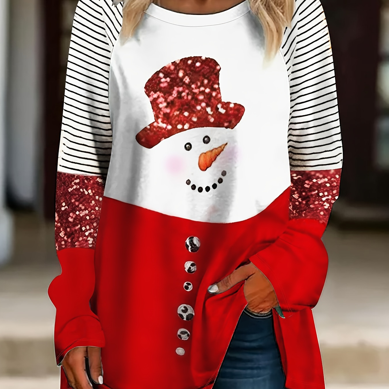 

1pc Christmas Snowman Long T- For , Top, Knit , Plus Size