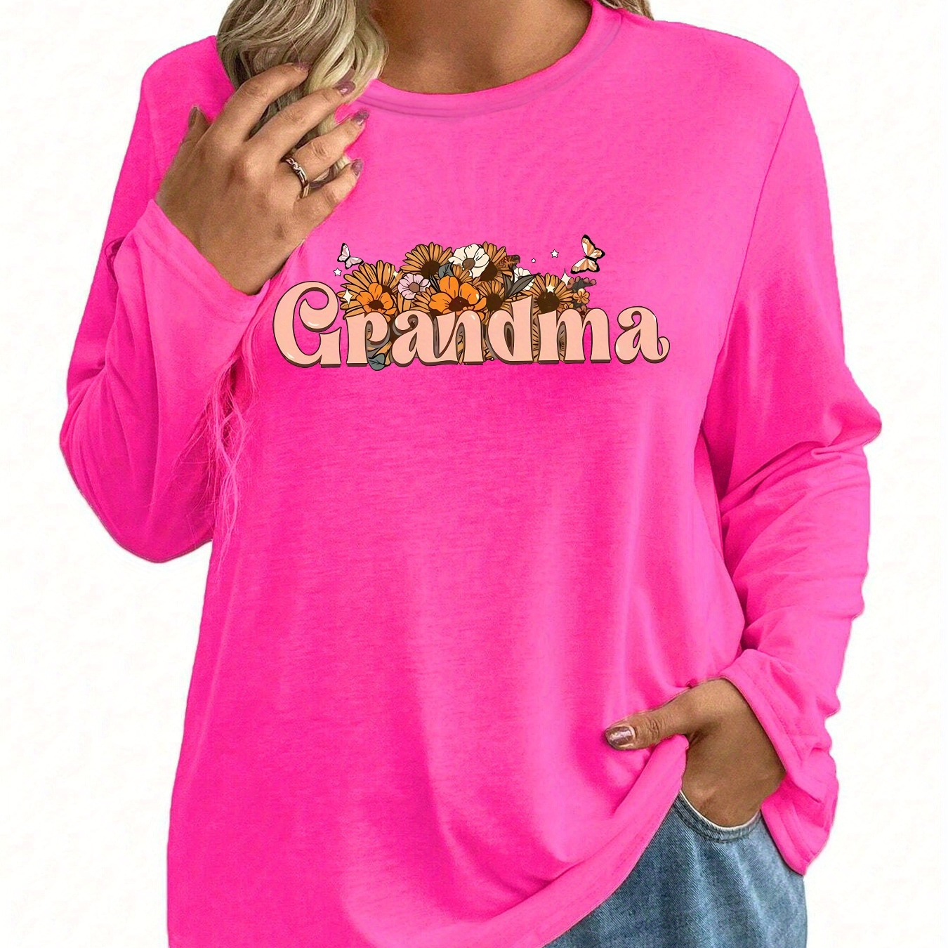 

Women's Casual Crew Neck Long Sleeve T-shirt With Floral Grandma Print, Polyester Spandex Blend Knit Top For All Seasons