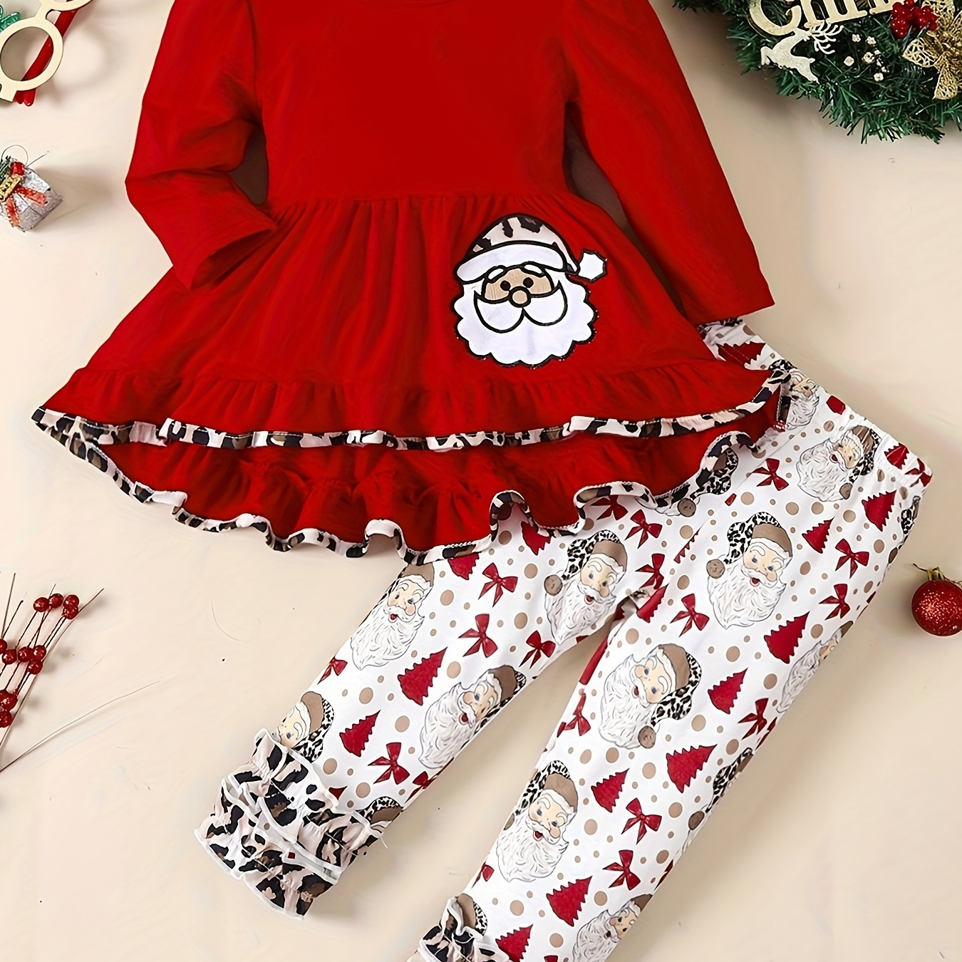 

Toddler Girl's Santa Claus Outfit - Hem Long Sleeve Top, Flared Pants Set With Cute Print, Kid's Party Casual Clothes For