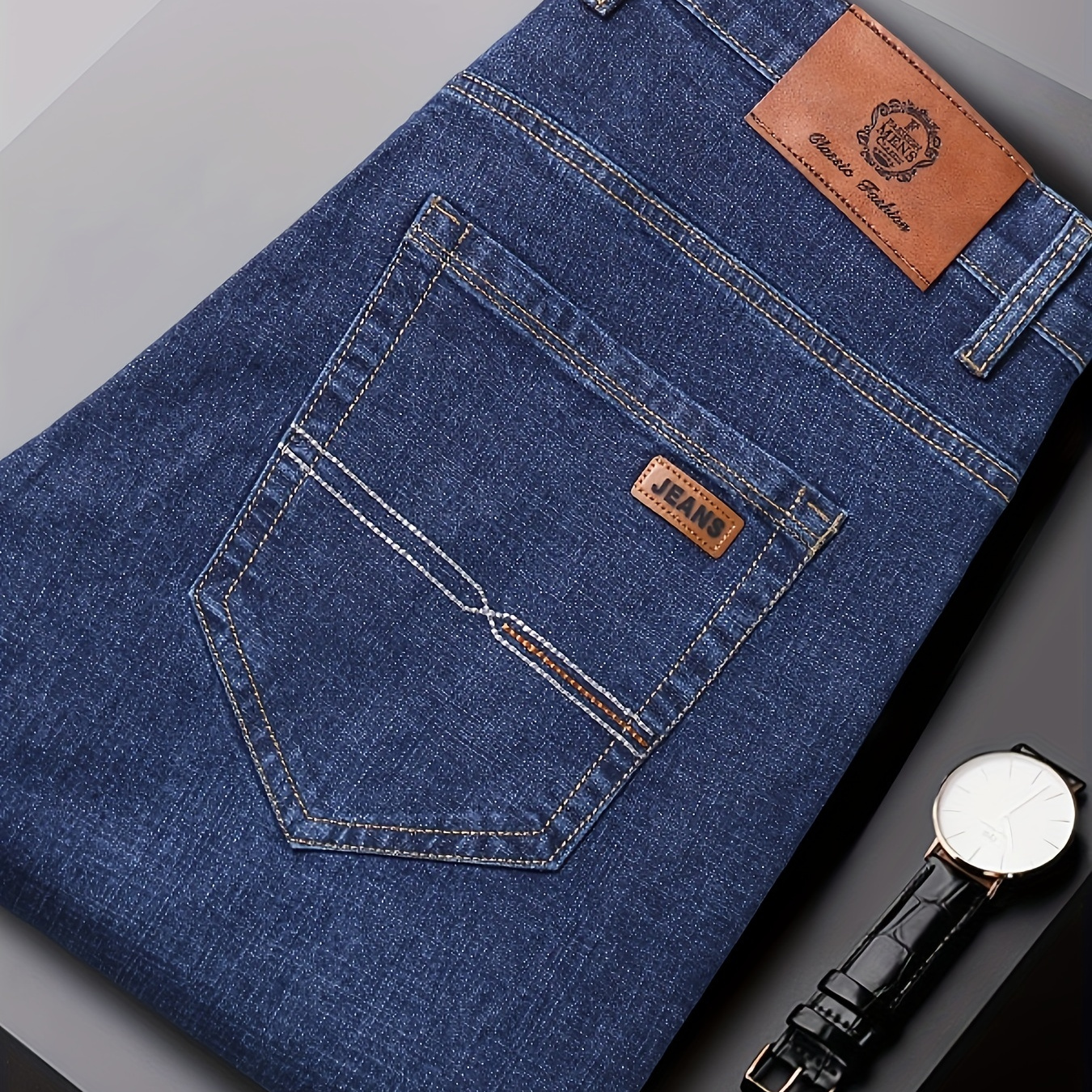 

Men's Solid Straight Leg Jeans With Pocket, Business Denim Trousers, Men's Pants
