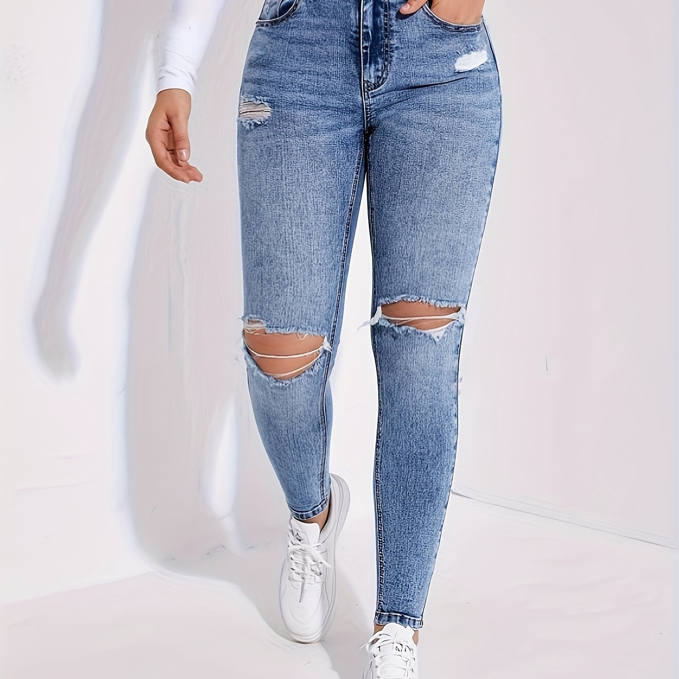 

Ripped Skinny Fit Jeans, Distressed Washed Blue Denim Pants, Women's Denim Jeans & Clothing