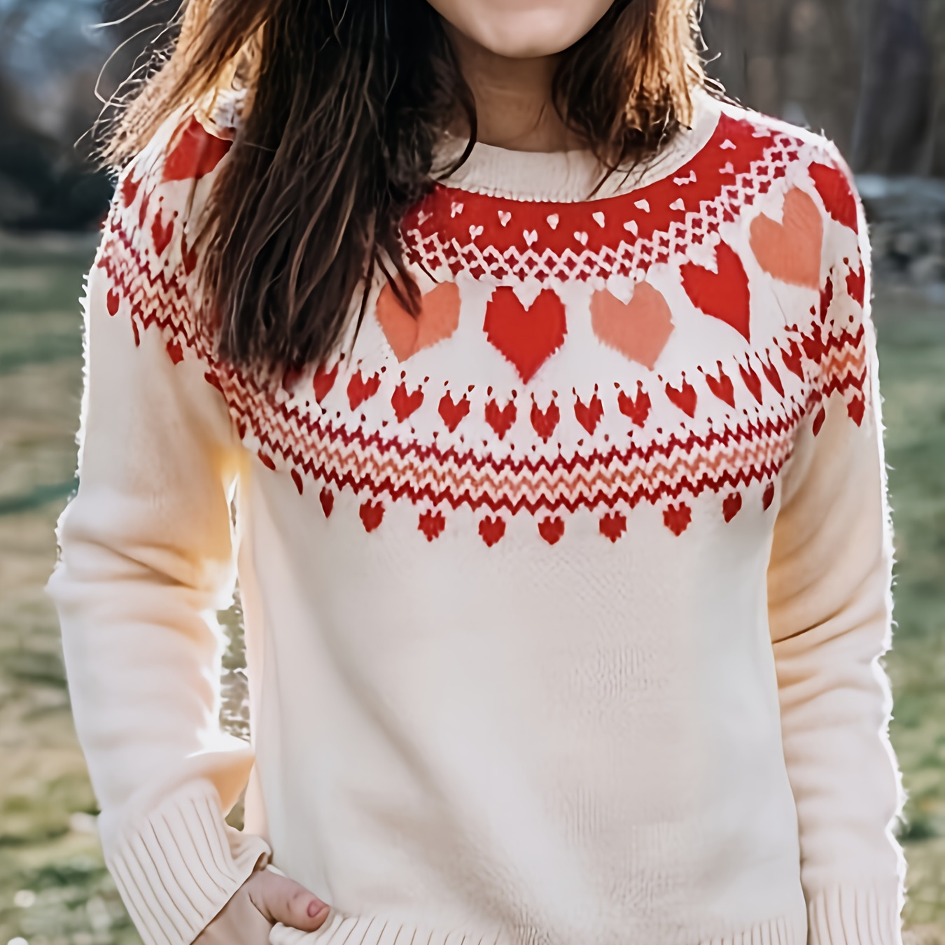 

Valentine's Day Heart Pattern Crew Neck Pullover Sweater, Casual Long Sleeve Sweater For Fall & Winter, Women's Clothing