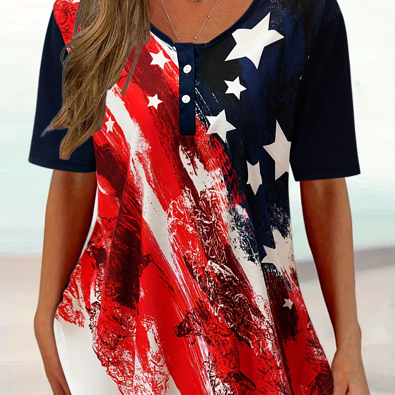 

Plus Size Independence Day Casual T-shirt, Women's Plus Flag Pattern Short Sleeve Round Neck Slight Stretch Henley T-shirt