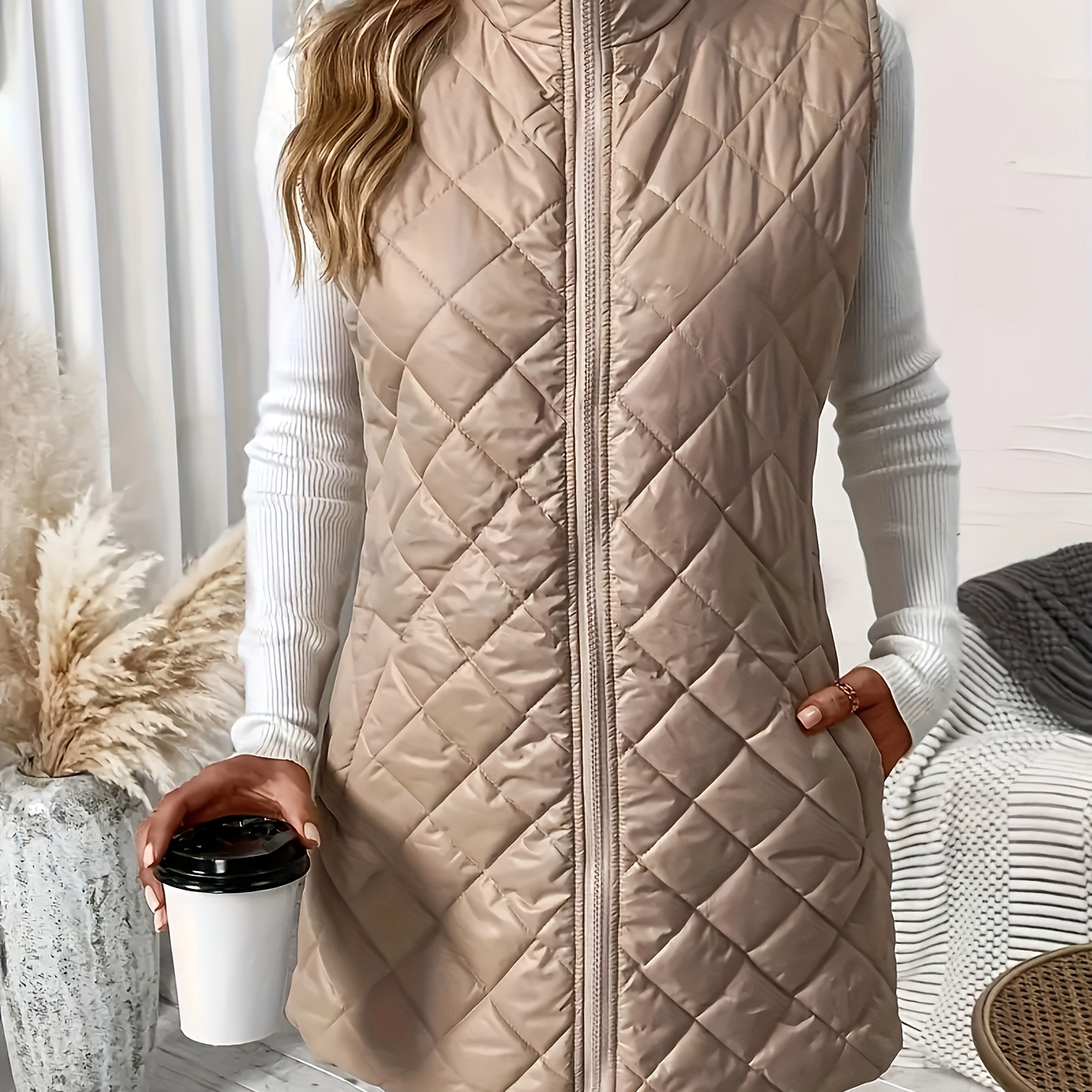 

Quilted Zip Up Stand Collar Vest Jacket, Casual Sleeveless Warm Gilet Jacket For Fall & Winter, Women's Clothing