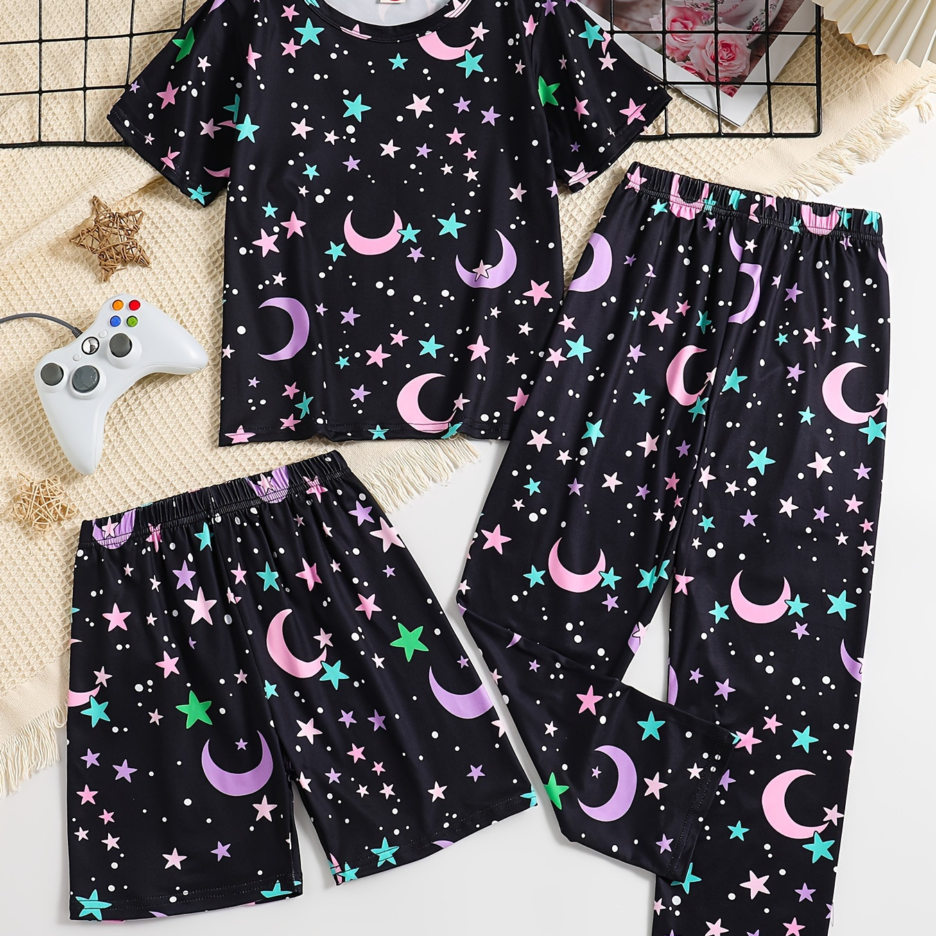 

3 Pcs Girls Cute Star Moon Pattern Short Sleeve T-shirts & Shorts & Pants Pajama Set, Comfortable & Skin-friendly Style Princess Pajamas For Girls Cozy Loungewear