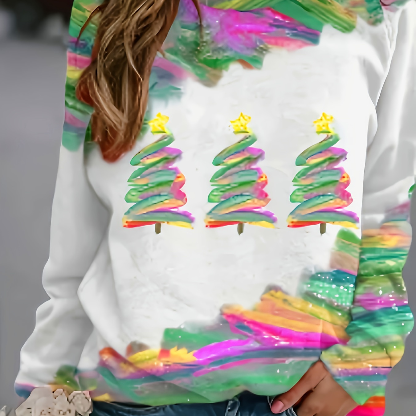 

Plus Size Christmas Casual Sweatshirt, Women's Plus Christmas Tree Print Raglan Sleeve Round Neck Slight Stretch Pullover Top