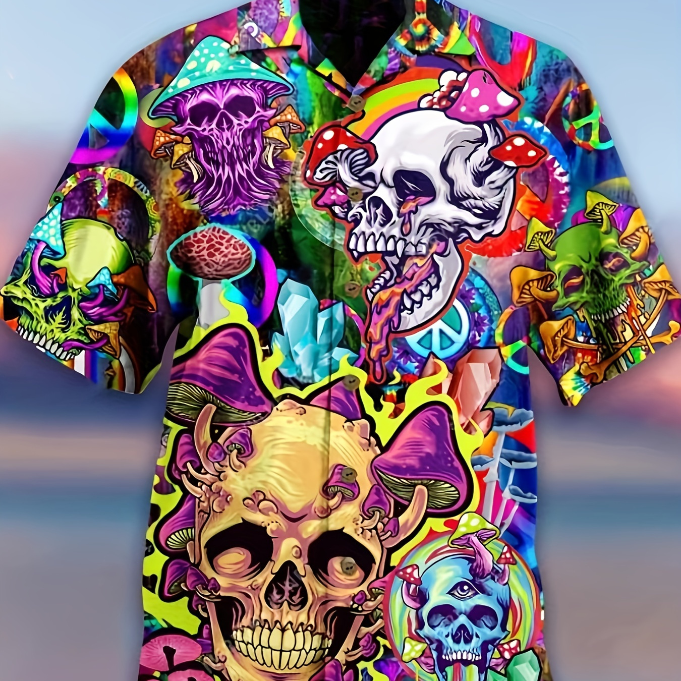 Men's Skull Print Revere Collar Short Sleeve Shirt - Perfect for Halloween and Beach Vacations