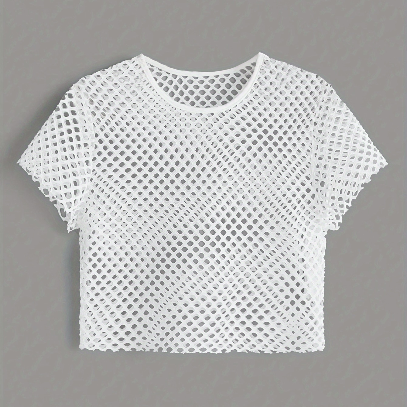 

Crop Hollow Mesh Crew Neck T-shirt, Casual Short Sleeve T-shirt For Spring & Summer, Women's Clothing