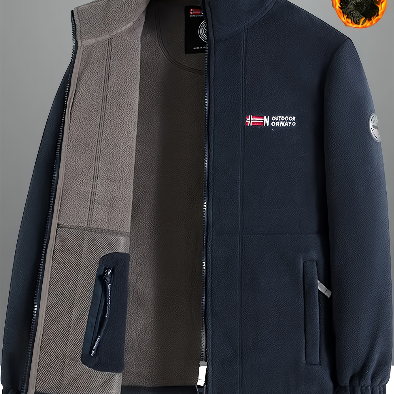 

Men's Fleece-lined Winter Jacket - Windproof, Warm Zip-up Coat With Stand Collar And For Casual Outdoor Use, Casual Cold Wear|geometric Pattern Coat|polyester Fiber Jacket, Winter Clothes