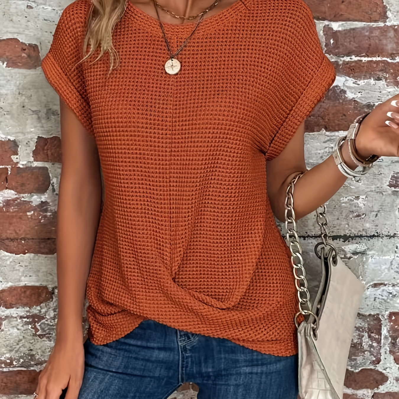 

Short Sleeve Textured T-shirt, Crew Neck Solid Casual Top For Summer & Spring, Women's Clothing