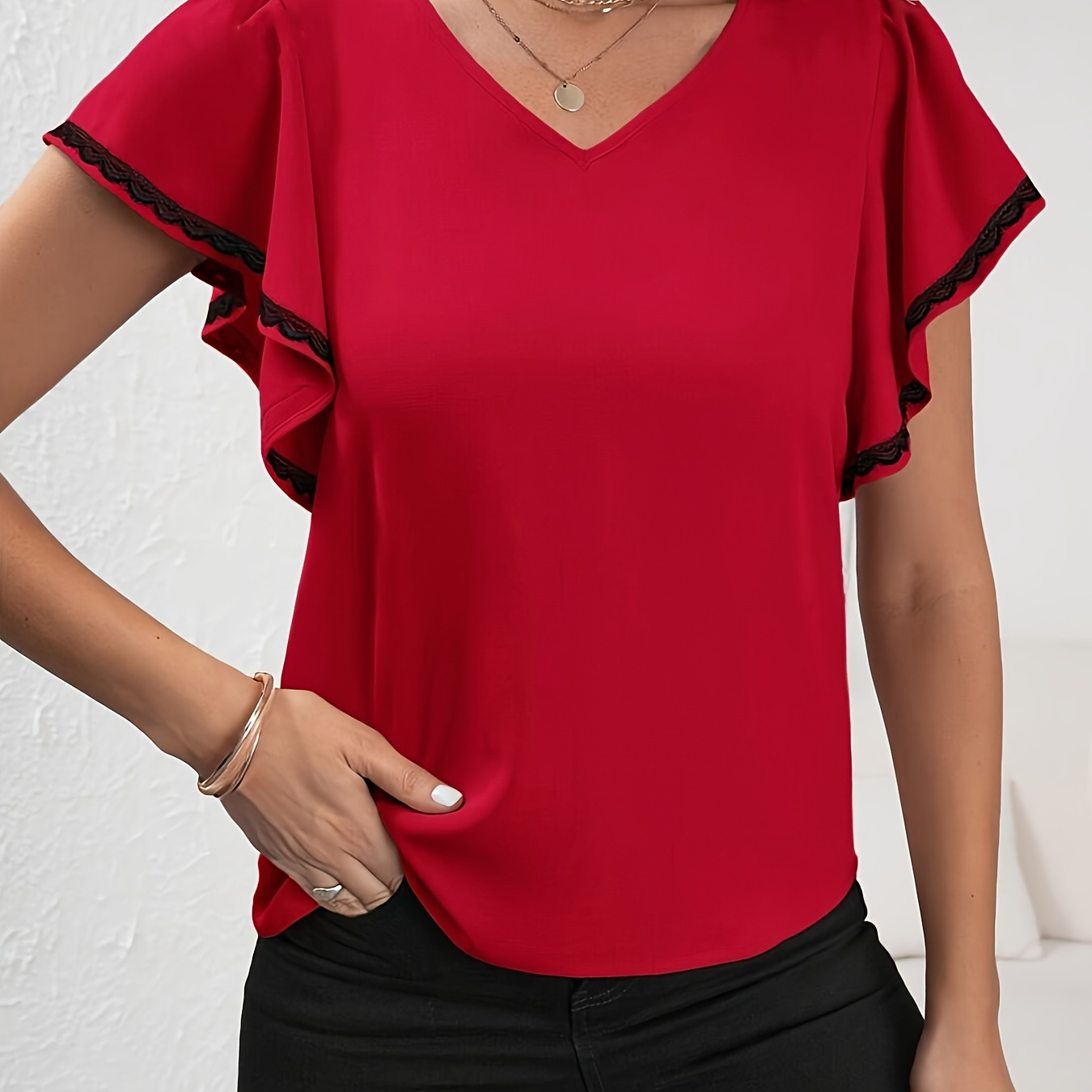 

1pc Elegant Women's Summer Shirting Top, 100% Polyester Crew Neck With Ruffle And Lace Detail, Solid Color Woven Blouse For Adults